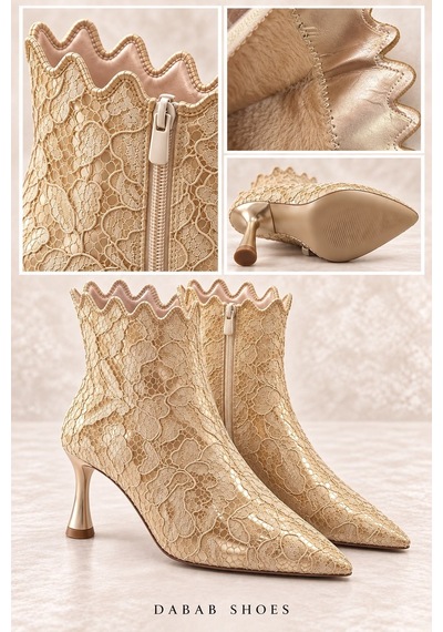 Dabab Shoes Mona Kadın Gold Dantel İşlemeli Sivri Burun Sıcak Astarlı Fermuarlı 7 Cm İnce Topuklu Bot Bootie Altın