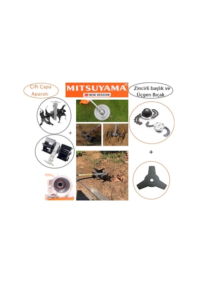 Mitsuyama MİTSUYAMA201 Tırpan Çift Çapa Aparatı Seti Zincirli Başlık ve Üçgen Bıçak Uyumlu Bahçe Tarla Çapalama Aparatı