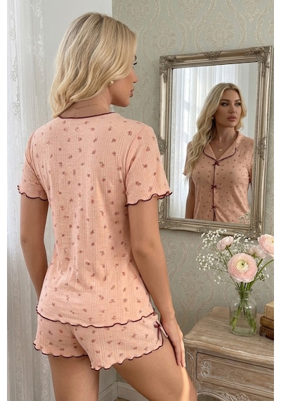 Bella Notte Pembe Romantik Çiçek Desenli Fiyonk Süslemeli Kısa Kollu Şortlu Pijama Takımı