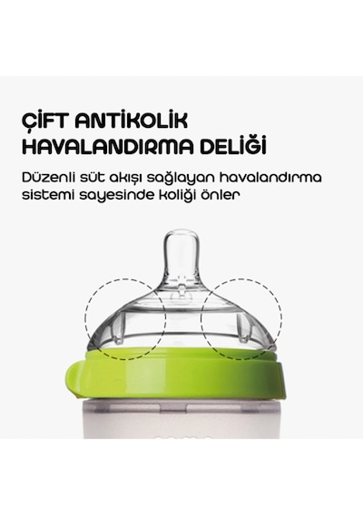 Antikolik Silikon Biberon 2'li 250ml Yeşil- Orta Akışlı 3-6 Ay