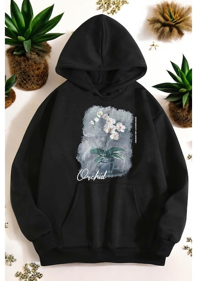 Uyguntarz Orkide Tuval Baskılı Unisex Oversize Sweatshirt siyah