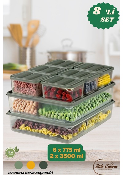 8'li Buzdolabı Düzenleyici Organizeri Mikrodalgaya Uygun Difriz Saklama Kabı 2x3500ml 6x775ml Yeşil