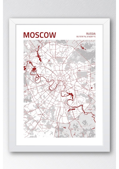 Moskova Rusya Moscow - Russia Haritası Çerçeveli Tablo Lüks Salon Ofis Duvar Dekorasyonu Tablo Beyaz