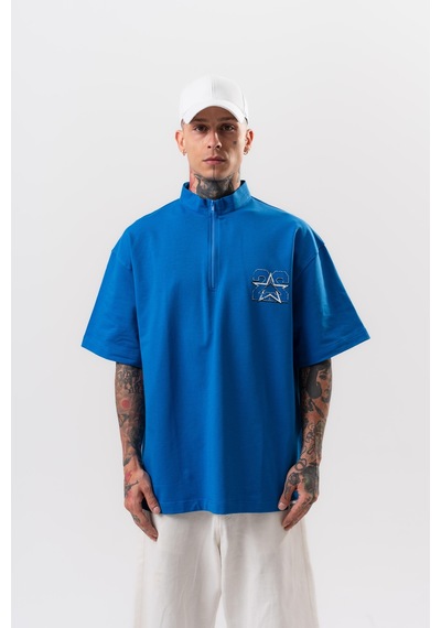 Respire Erkek 22 Baskılı Yarım Fermuarlı Oversize T-shirt Mavi