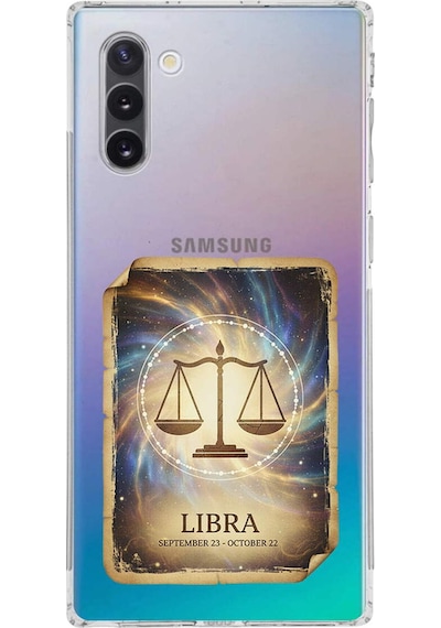 Samsung Galaxy Note 10 İle Uyumlu Burç Kartları Terazi Tasarımlı Şeffaf Silikon Kılıf Şeffaf