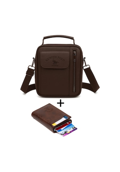 Newish Polo Erkek Mekanizmalı Cüzdan Ve Deri Kapaklı Omuz El Çantası 17x22cm - New337 Kahverengi