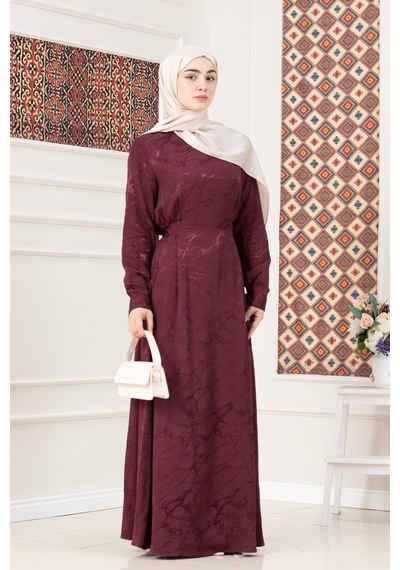 Sevitli Beli Bağlamalı Jakar Abiye Elbise-bordo-5721