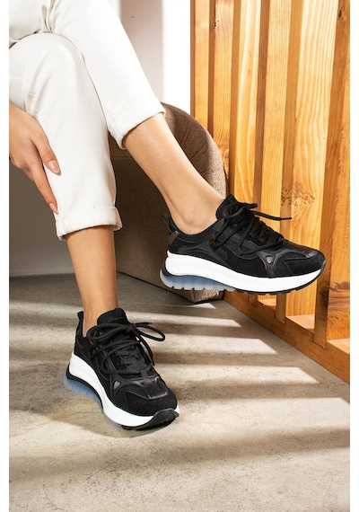 Shoetek Rosalie Kadın Sneakers Bağcıklı Spor Ayakkabı Siyah Deri Siyah