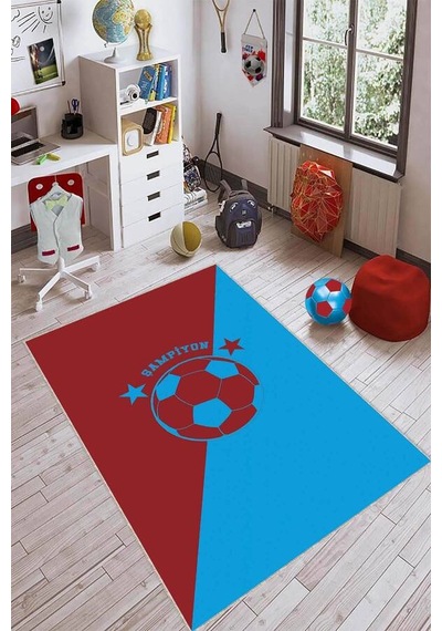 Bordo Ve Mavi Kaymaz Tabanlı Yıldızlı Taraftar Halısı Vh084n11 Bordo - Mavi