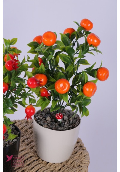 Yapay Çiçek Sitesi Plastik Saksıda Yapay Mini Nar & Mandalina Tanzimi 2 Li Set 33 Cm Çok Renkli