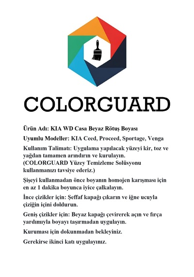 Colorguard Kia Wd Casa Beyaz İğneli Ve Fırçalı 2 Si 1 Arada Özel Tasarım Şişe Rötuş Boyası