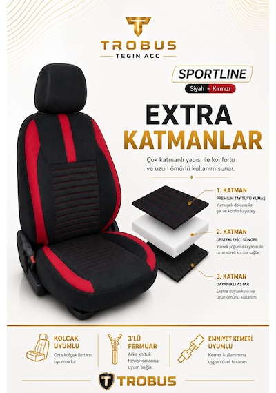 Seat Ateca 2016 Sonrası Uyumlu Sportline Serisi Siyah Kırmızı Ortopedik Tay Tüyü Koltuk Kılıfı