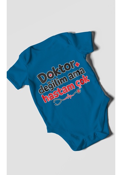 Morivokids Doktor Değilim Ama Hastam Çok Kısa Kollu Bebek Body %100 Pamuk Koyu Mavi