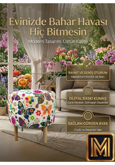 Diday K Trend Puf Koltuk Puff Bench Dekoratif Bohem Doğal Gürgen Ayaklı Çok Amaçlı Bahçe Ev Balkon Karma Çok Renkli