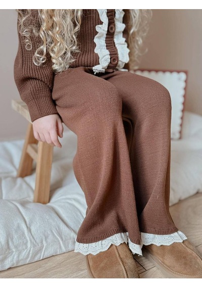 Miniko Kids Kız Çocuk Hırkalı Güpürlü Düğmeli Triko Takım Kahverengi