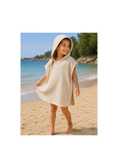 %100 Pamuk Bebek Çocuk Müslin Panço Kapüşonlu Plaj Deniz Havuz Havlusu Renk Seçenekli Ekru - 874775522 Ekru - 874775522 4-5 Yaş