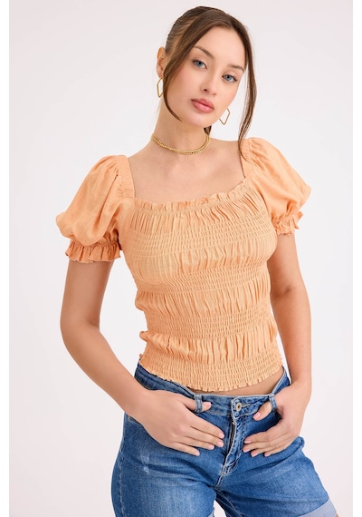Vitrin Kare Yaka Viskon Keten Crop Bluz Kayısı