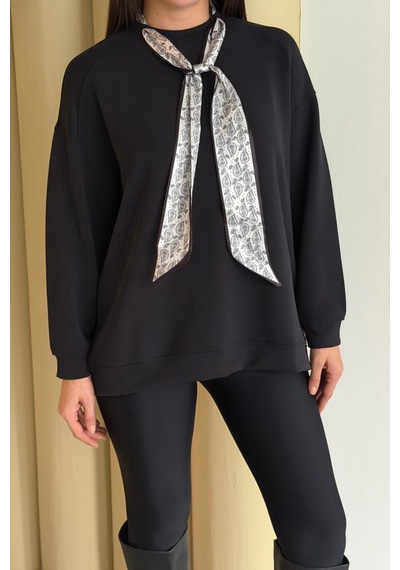 Balenbi Premium Modal Fular Detaylı Bisiklet Yaka Oversize Tunik 1177 Siyah