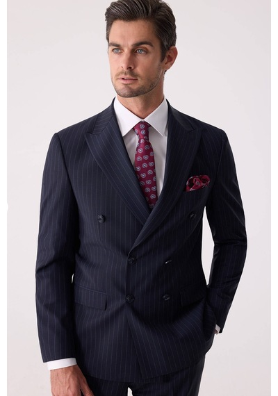 Erkek Lacivert Çizgili Slim Fit Kruvaze Takım Elbise