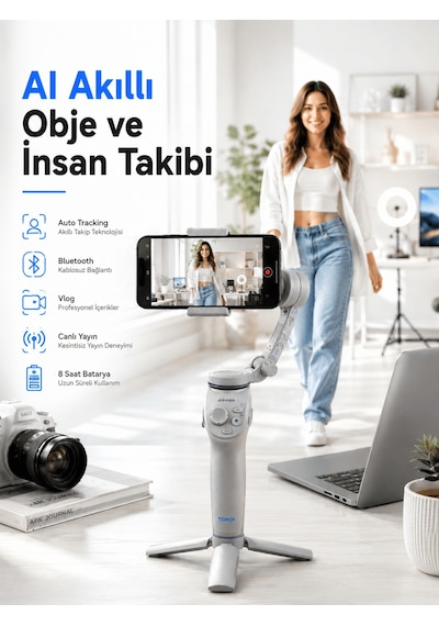 Yapay Zeka Takipli Telefon Gimbali Katlanabilir Tripod Bluetooth