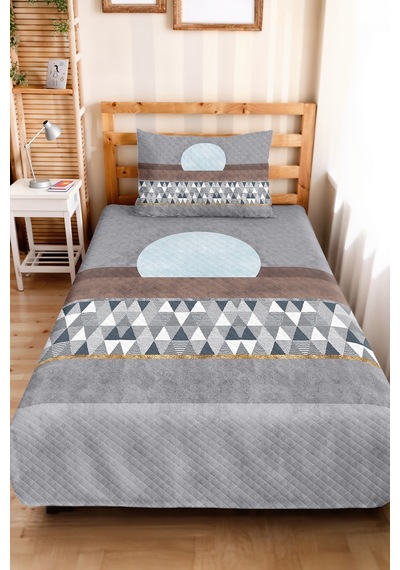Gri Geometrik Genç Odası Tek Kişilik Pike Takımı - Mavi Kahverengi 160x220 Cm Kapitone Yatak Örtüsü Masalsı Çiçek Havası