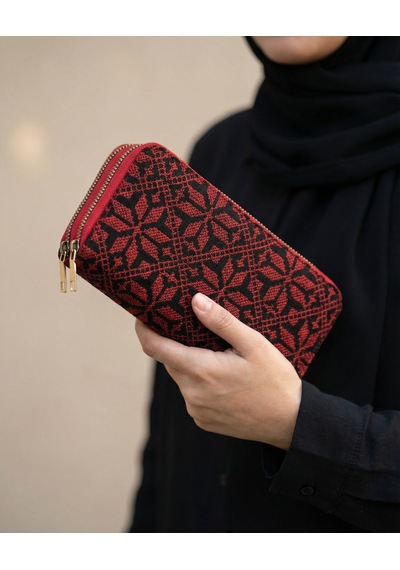 Zaytoon Filistin Geleneksel Kırmızı Nakışlı Çift Fermuarlı Kadın Büyük Cüzdeni 20 X 10 Cm A100026 Kirmizi