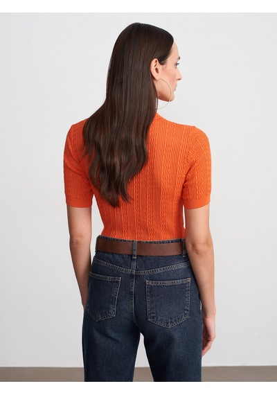 Dilvin 10781 Polo Yaka Ajurlu Triko Bluz-oranj