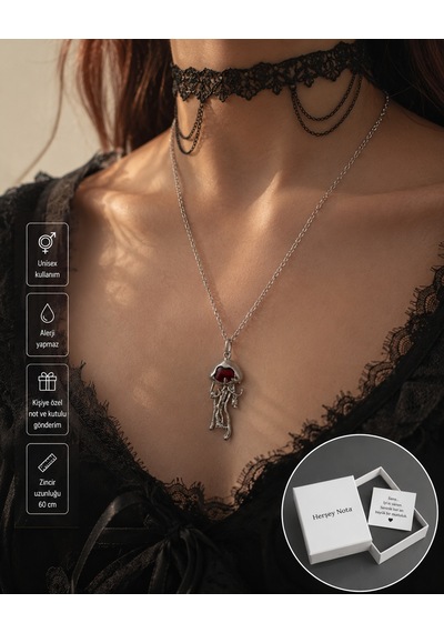 Gotik Denizanası Figürlü Unisex Kolye Kırmızı Taş Detaylı Alternatif Stil Kolye Çok renkli