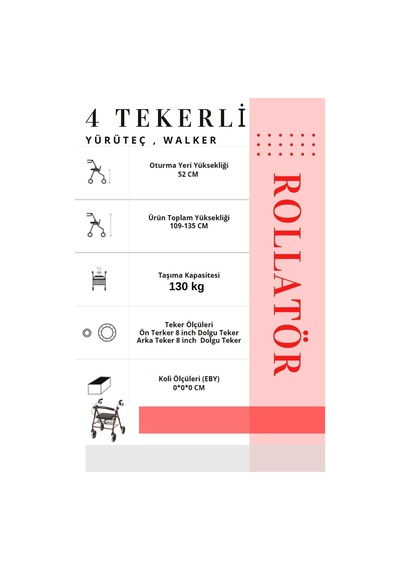 Rolatör 4 Tekerli Yürüteç Rollatör Lüx Oturaklı