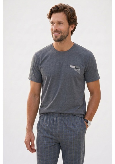 Tudors Erkek Standart Fit Normal Kesim Pamuklu Bisiklet Yaka Kısa Kollu Lastikli Gri Pijama Takımı-51142