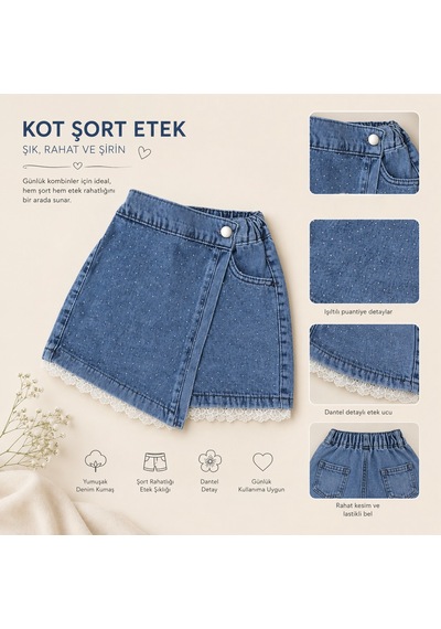 Bilge Trend Kız Çocuk Eteği Fisto Detaylı Kot Şort Etek Mavi