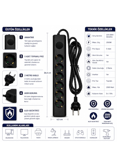 Sh-4633 5 Li Akım Korumalı Priz 2500w 2 Metre Kablolu Anahtarlı Topraklı Çoklu Grup Priz Uzatma Kablosu 2 M