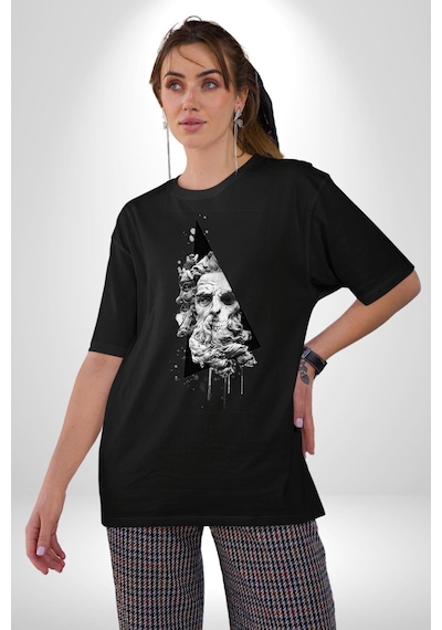 Poseidon Felsefe Pamuklu Bisiklet Yaka Unisex Oversize Boyfriend Dijital Baskılı Siyah T-shirt Siyah