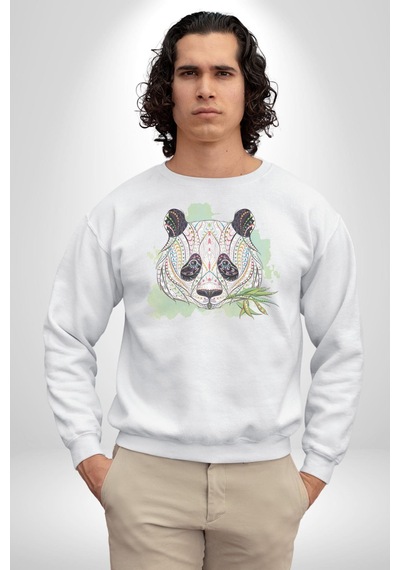Panda Mandala Unisex Beyaz Baskılı Sweatshirt Beyaz