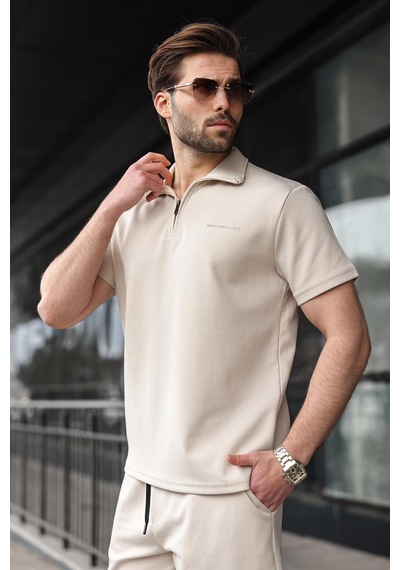 Madmext Bej Yarım Fermuarlı Polo Yaka T-shirt Şort Takım E7348 Bej