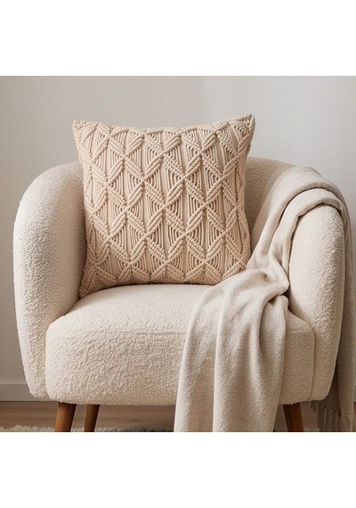Boho-chic Ruhu: Özel İşçilik Makrome Koltuk Yastığı Kılıfı Ekru 45x45 Cm Diğer