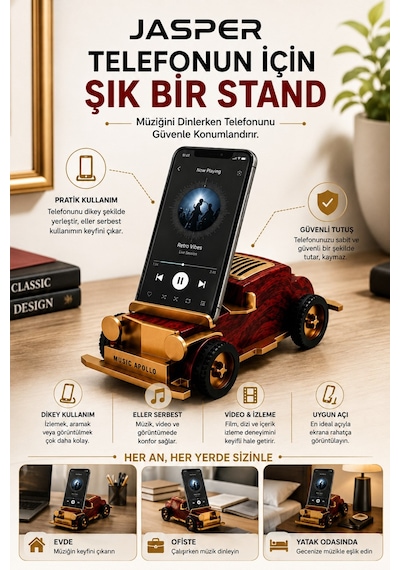 Jasper Jpr-1524 Dekoratif Bluetooth Hoparlör Telefon Standı Retro Klasik Araba Tasarım 3w 1200 Mah