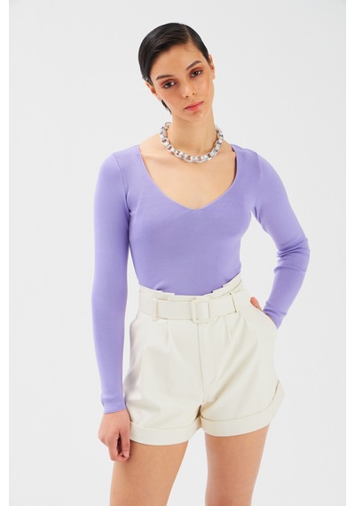 Sateen V Yaka Triko Crop - Lila-131507 Lila