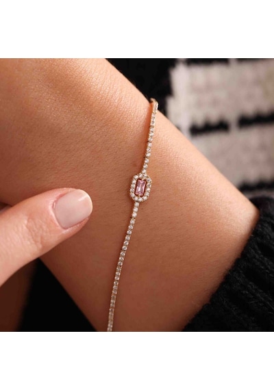 Sembolgold Su Yolu Altın Baget Bileklik Pink Topaz Çok Renkli