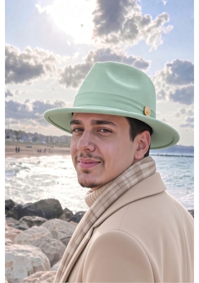 Mollycrush Erkek Kışlık Şık Mint Yeşili Fötr Şapka Geniş Siperli Kemer Detaylı Keçe Fedora Mint Yeşili