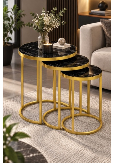 Sulorahome Siyah Mermer Desenli Gold Metal Ayaklı 3'lü Zigon Sehpa Takımı Altın - Siyah