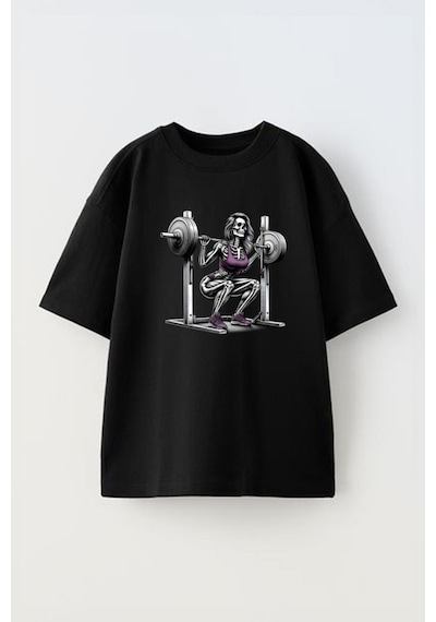 Thewert Unisex Agırlık Calısan Kurukafa Tasarım Baskılı Pamuk Sıyah Oversize T-shirt Siyah