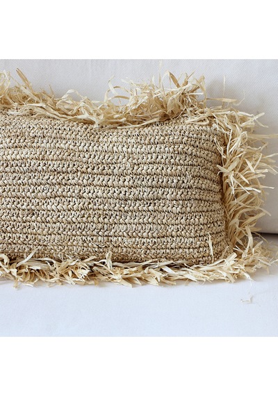 Çift Yön Örgü 30x50 Cm. Doğal Rafya Kırlent - Saçaklı Hali 50x70 Cm Bej