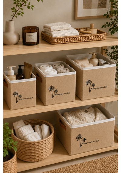 Jüt Dolap Düzenleyici Saklama Kutusu 33x33x33 Cm Katlanabilir Çok Amaçlı Organizer Sepet Doğal