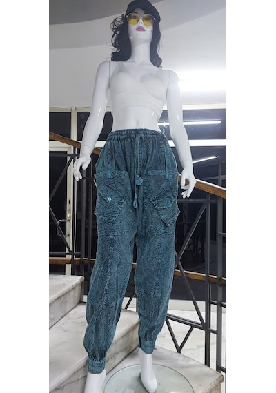 Eren Style Hint Otantik Yıkamalı Taşlanmış Kapaklı Uniseks Şalvar Pantolon Mavi