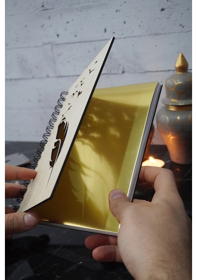 Kuş Tüy Desenli Ahşap Defter - A5 Spiralli - Günlük - Çizgisiz Defter Ahşap Rengi Banu A5 Notebook