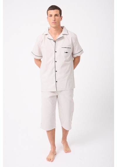 L'espadon Marısılk Seastrıpe Erkek Dokuma Yazlık Kısa Kollu Capri Pantolonlu Pijama & Lounge Takımı-3215 Bej