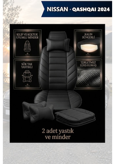 Nissan Qashqai 2024 Uyumlu Lüks Premium Siyah Renk 2 Adet Minder Ve Yastık