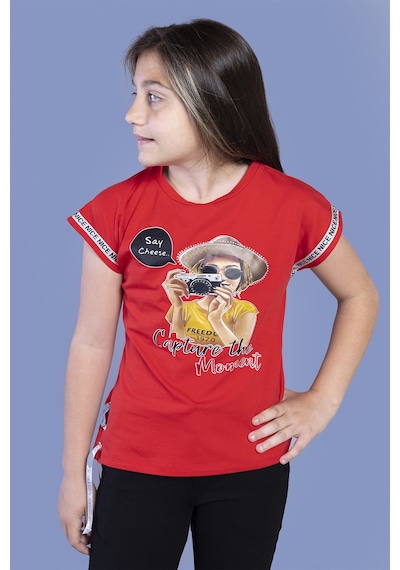 Toontoy Kids Toontoy Kız Çocuk Şerit Detaylı Baskılı Tişört Kırmızı