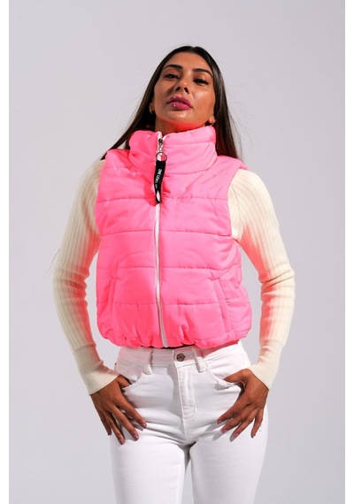 Keyifli Moda Kadın Pembe Sırtı Taş İşlemeli Dik Yaka Kısa Şişme Yelek-pembe Pembe
